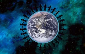 Illustration of people holding hands around Earth in space, symbolising global unity, connection and community